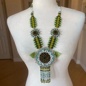 Huichol Handmade Beaded Flower Green and Black Necklace With Cascading Fringe